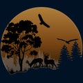 Silhouettes of national park landscape. panorama of forest with deer on meadow. Forest scenery for poster. Vector illustration Royalty Free Stock Photo