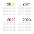 Year 2020 and Year 2021 and Year 2022 and Year 2023 calendar vector design template, simple and clean design for organization and Royalty Free Stock Photo