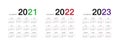 Year 2021 and Year 2022 and Year 2023 calendar vector design template, simple and clean design. Calendar for 2022 and 2023 on Whit