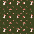 Autumn mushrooms watercolor pattern. Dark background. Fall cozy artisitic wallpaper.