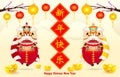 Happy Chinese new year 2021 the ox zodiac poster design with cute little cow cracker and lion, dance the year of the ox Royalty Free Stock Photo