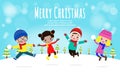 Merry Christmas and Happy new year, vector Illustration in of kids playing outdoors in winter isolated on white background in snow Royalty Free Stock Photo