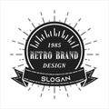 Logo. Vintage retro logo for banner, poster, flyer. Starbursts, frame and ribbon. Vector. Royalty Free Stock Photo