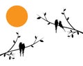 Birds Couple Silhouette on Branch on sunset, Vector, Birds in love Silhouette, Wall Decals, Couple of Birds, Art Decoration Royalty Free Stock Photo