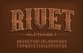 Rivet alphabet font. Steampunk rusty letters and numbers.