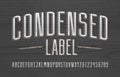 Condensed Label alphabet font. Vintage scratched letters and numbers. Royalty Free Stock Photo