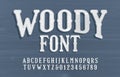 Woody alphabet font. Vintage textured letters and numbers. Wooden background.