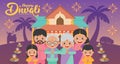 Diwali / Deepavali - festival of lights banner templates. Hindu festival with cute cartoon Indian family with kandil