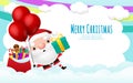 Merry Christmas and happy new year greeting card with cute Santa Claus with gift box and balloon, cartoon character in Christmas Royalty Free Stock Photo