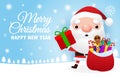 Merry Christmas and happy new year greeting card with cute Santa Claus with gift box, cartoon character in Christmas snow scene Royalty Free Stock Photo