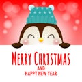 Merry Christmas and Happy new year poster, cheerful of penguin wearing christmas hats holding big sign board in Christmas snow Royalty Free Stock Photo