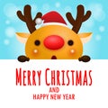 Merry Christmas and Happy new year, cheerful of reindeer wearing christmas hats holding big sign board in Christmas snow scene Royalty Free Stock Photo