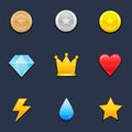 Game pack elements - user interface vector icons. Gems, coins, trophies etc.