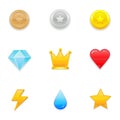 Game pack elements - user interface vector icons. Gems, coins, trophies etc.