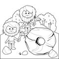 Cavemen inventing the wheel. Vector black and white coloring page