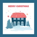 Christmas greeting card, with Winter houses and cottages illustration Royalty Free Stock Photo