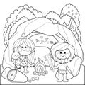 Cavemen family in stone cave. Vector black and white coloring page Royalty Free Stock Photo