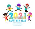 Happy New Year 2021 greeting card with group kids wearing winter hats and jumping, happy children with Happy new year, Colorful Royalty Free Stock Photo