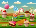 Fantasy sweet land with cup cake and candies