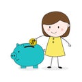 Doodle Girl Save Money on Piggy Bank Illustration Cartoon Vector Royalty Free Stock Photo