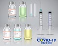 Set of realistic covid-19 vaccine injection or realistic vaccine ampule syringe or covid-19 prevention concept. eps 10 vector Royalty Free Stock Photo