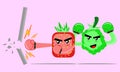 Illustration cartoon character of strawberry and grape destroy the wall with a smash hit Royalty Free Stock Photo