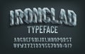 Ironclad alphabet font. 3D metal letters and numbers.