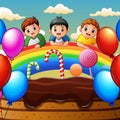 Three boys on a rainbow and sweet land landscape