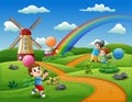 Cartoon kids playing in a candy land background Royalty Free Stock Photo