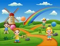 Cartoon kids in a candy land background Royalty Free Stock Photo