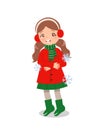 Cute girl feeling chill in winter season. Children clip art.