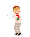 Cute boy in winter clothes coughing. Medical clip art.