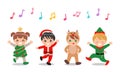 Cute children in Christmas costumes singing and dancing together.