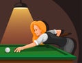 Woman playing pool. professional billiard player aiming to shot ball from side view concept in cartoon illustration vector