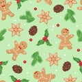 Christmas seamless pattern with gingerbread men, cookies, green spruce branches, red holly berry and pine cones. Royalty Free Stock Photo