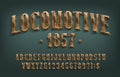 Locomotive 1857 alphabet font. 3D brass letters and numbers with screws. Royalty Free Stock Photo