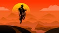 MTB rider jump sunset in mountains view background  flat style illustration vector Royalty Free Stock Photo