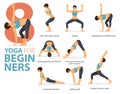 8 Yoga poses or asana posture for workout in Yoga for Beginners concept. Women exercising for body stretching. Fitness infographic