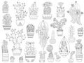 Set of black and white stylized cacti in patterned pots. Outline doodles in Scandinavian style. Botanical clip art of isolated suc Royalty Free Stock Photo