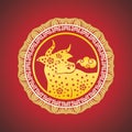 Golden Cow or Oxen with circular border vector illustration, farm animal and symbol of chinese zodiac