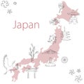 Japan vector map poster with traditional symbols and national signs, for travel and web design. Simple and nice illustration