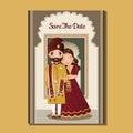 Wedding invitation card the bride and groom cute couple in traditional indian dress cartoon character