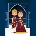 Wedding invitation card the bride and groom cute couple in traditional indian dress cartoon character Royalty Free Stock Photo