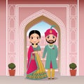 Wedding invitation card the bride and groom cute couple in traditional indian dress cartoon character