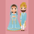 Wedding invitation card the bride and groom cute couple in traditional indian dress cartoon character Royalty Free Stock Photo