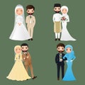 Set of characters cute muslim bride and groom.Wedding invitations card.Vector illustration in couple cartoon in love