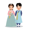 Wedding invitation card the bride and groom cute couple in traditional hanbok dress c character of South Korea.