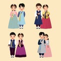 Set Wedding invitation card the bride and groom cute couple in traditional hanbok dress c character of South Korea.