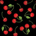 Red Cherry With Black Color Background, Seamless Pattern