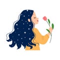 Woman with silky long hair holding a flower. Feminism clip art. Royalty Free Stock Photo